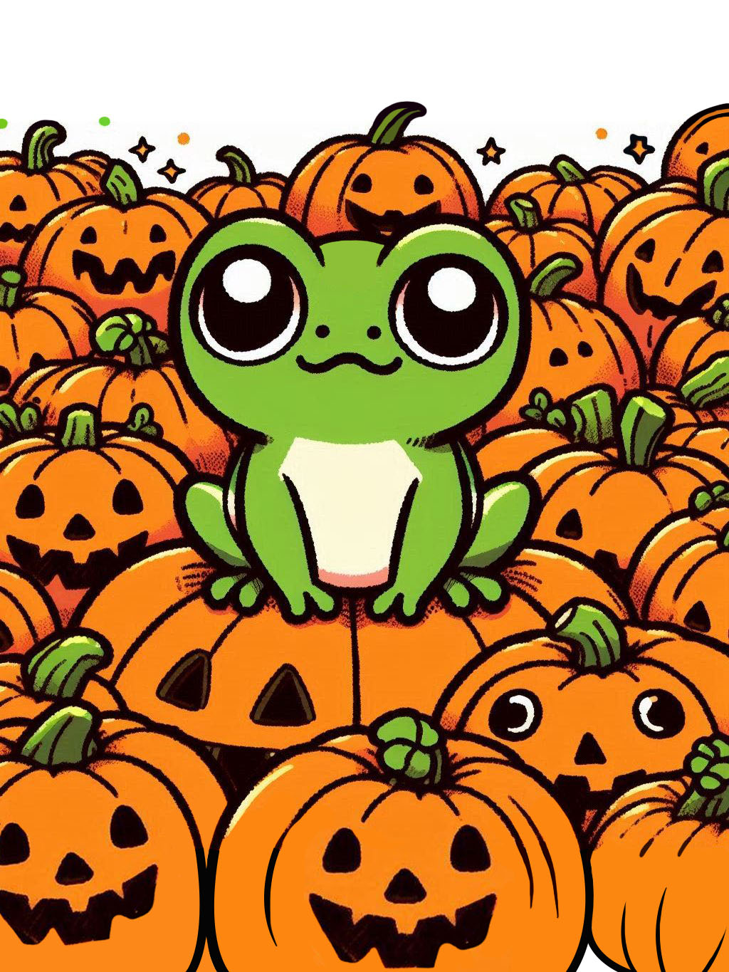 halloween frog drawing ideas: Cute frog surrounded by carved pumpkins, appearing to sit atop one, exuding a festive Halloween vibe.